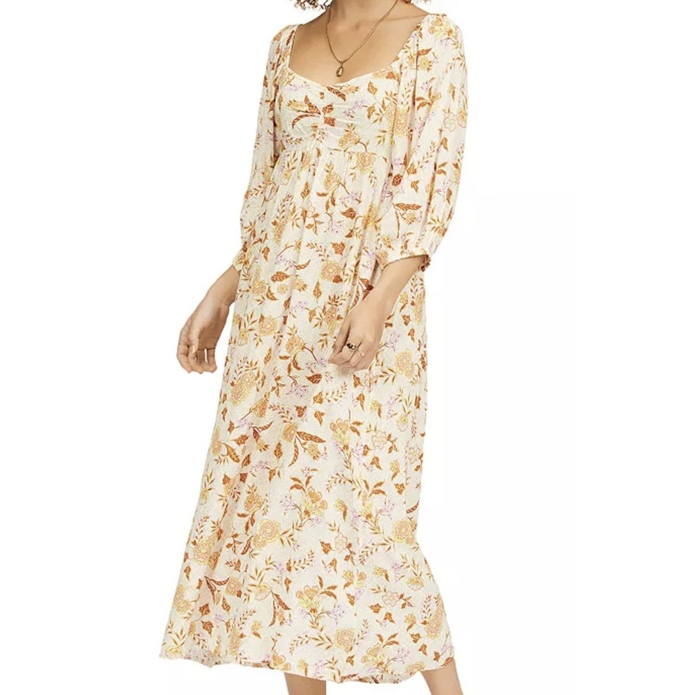 Billabong Yellow Floral Swept Away Again Beachy Boho Surfer Midi Dress‎ 6032 L
